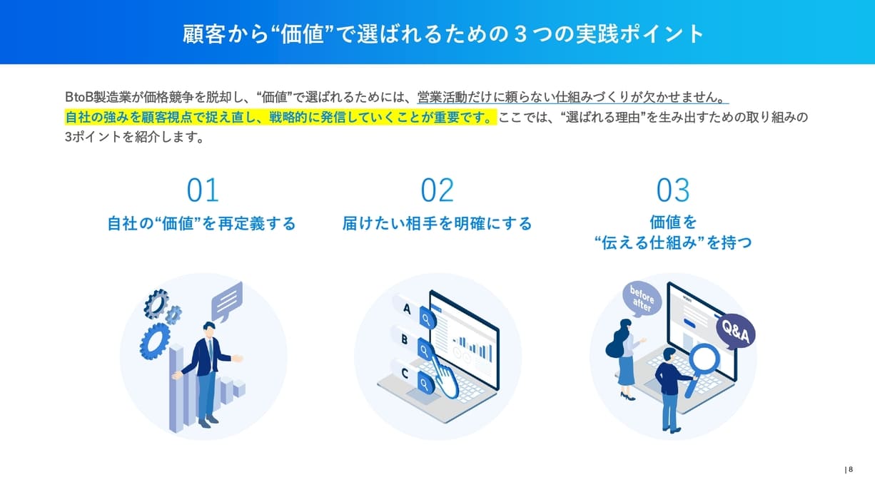 btob製造業が価格競争から脱却し自社の価値をターゲットに届ける方法　ページ内容